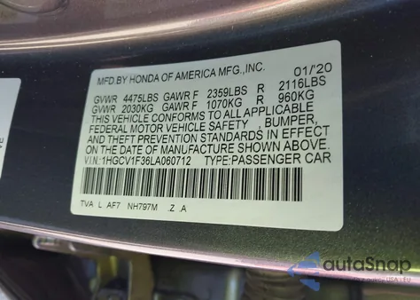 2020 Honda Accord Sport z USA, uszkodzony, nr VIN 1HGCV1F36LA060712